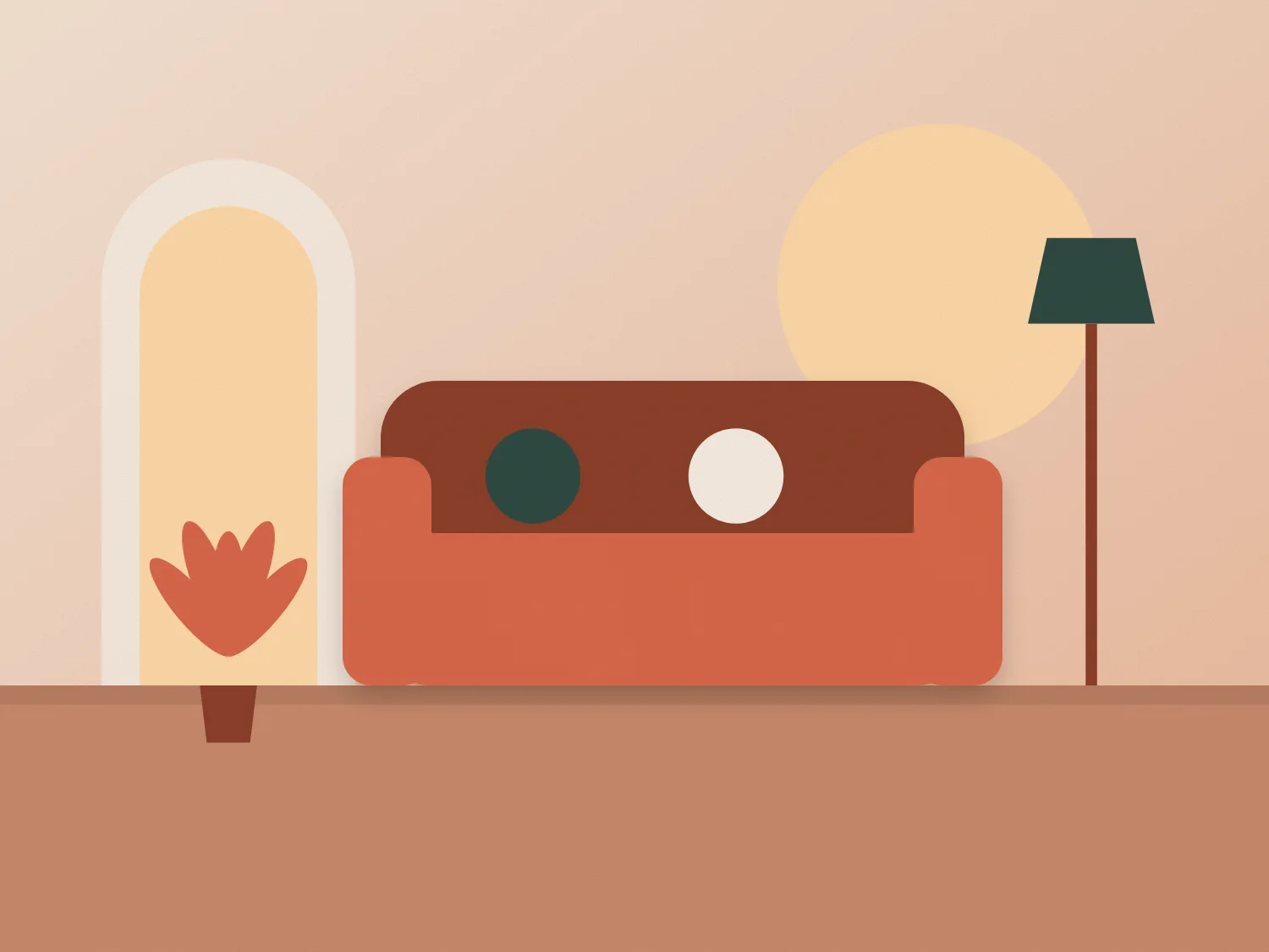 A bright living room with a sofa and plants